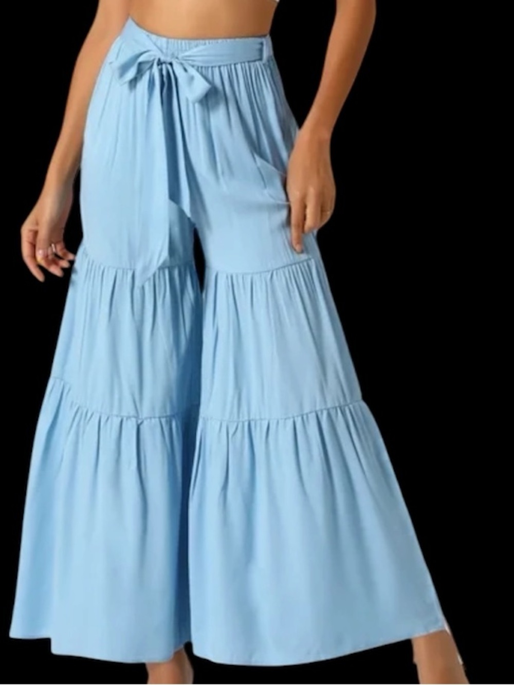 Light Blue Tiered Wide-Leg Palazzo Pants